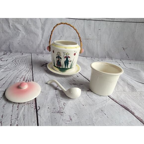 Vintage Danish Folk Art Sugar Dish Condiment Jar Removable Dish Wicker Handle - Picture 6 of 12